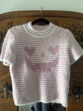 Hot Topic Pink & White Fuzzy Heart Jack o lantern Stripe Sweater
